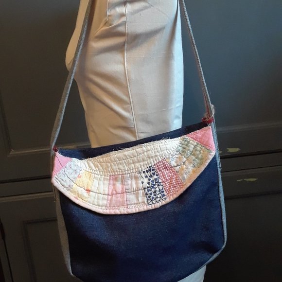 Handmade Shoulder Bag Purse Vintage Quilt Dark Denim - Picture 12 of 12